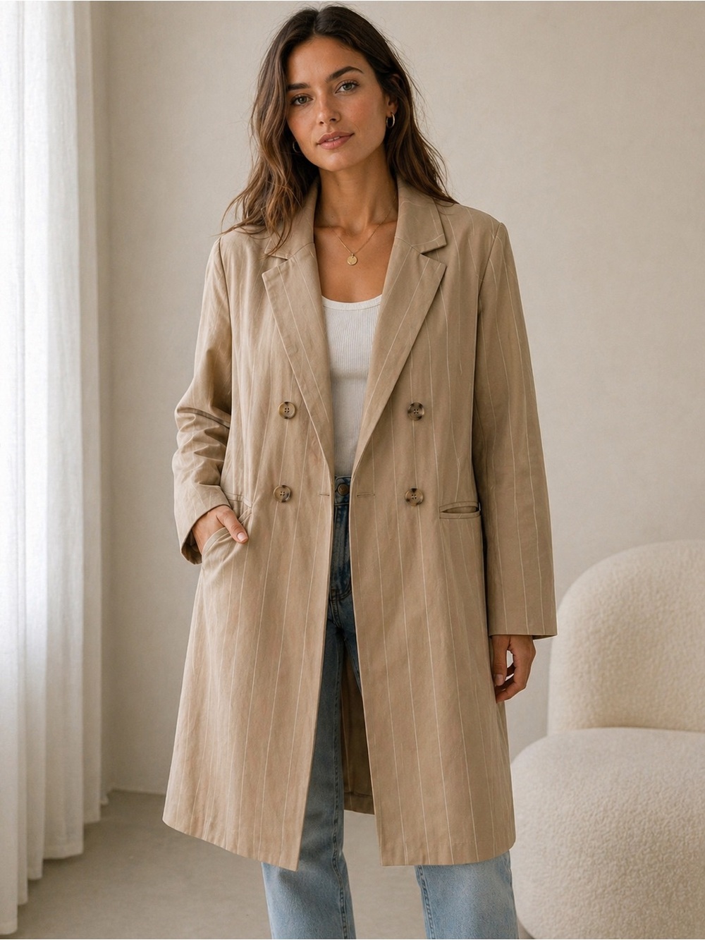 Nordstrom Women’s Double-Breasted Long Trench Coat - Beige